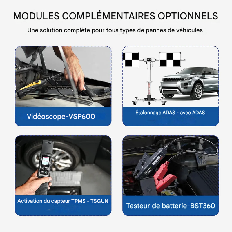 Le dernier outil d'analyse polyvalent, mis à niveau à partir de LAUNCH X431 PRO5/PADIII/V+ 4.0 et des scanners de voiture OEM concurrents. Sauvegarde/restauration de programmation ECU haut de gamme pour plus de 30 marques de voitures, codage ECU/SCN, J2534/RP1210/D-PDU/Do-IP/CANFD, cartographie topologique, plus de 60 fonctions de service, fonctions guidées, configuration matérielle la plus élevée… avec une couverture automobile mondiale de 99,99 %. LAUNCH X431 PAD VII ELITE est un investissement rentable pour les ateliers de réparation et les mécaniciens.